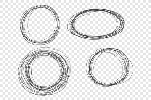 Black hand drawn scribble frames set. Empty thin ink pen circles, decorative borders pack. Round shapes with copyspace isolated on transparent background. Childish freehand sketches collection