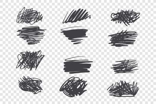 Chaotic black scribble vector illustrations set. Random ink pen strokes, monocolor scrawls pack. Messy monochrome lines isolated on transparent background. Freehand childish drawings collection