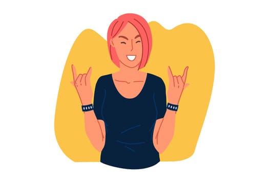 Youth, carefree lifestyle concept. Rocker fan girl showing devil horns gesture, rock music admirer with metal hand sign, rock n roll concert spectator, excitement expression. Simple flat vector
