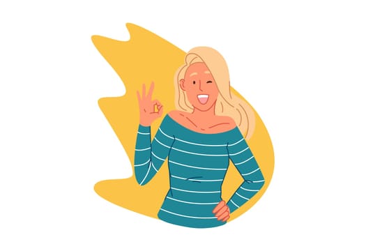 Agreement, nonverbal communication concept. Happy young woman showing ok gesture, trendy approval sign, cheerful caucasian girl saying okay, positive emotion expression. Simple flat vector