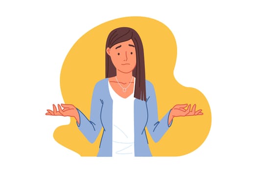 Confusion, uncertainty, doubt concept. Puzzled young woman shrugging shoulders, perplexed girl showing doubt gesture with embarrassed face, lady wondering question answer. Simple flat vector
