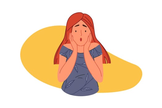 Frightening, terrified, panic concept. Scared woman keeps hands on head, young girl showing shock gesture, frightened facial expression, panicked teenager, human emotions. Simple flat vector