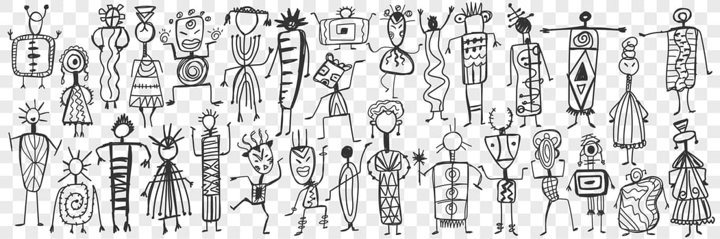 Rock painting human figures doodle set. Collection of hand drawn figures of people and creatures drawn on rock in ethnic oriental manner isolated on transparent background. Illustration of ancient art