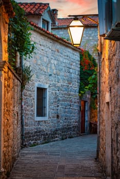 Budva old town street at night. Montenegro, Balkans, Europe travel.