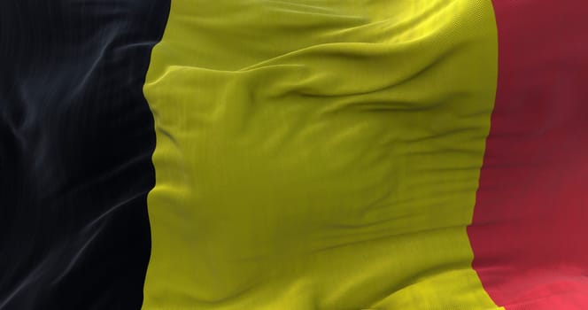 Close-up view of the national flag of Belgium waving in the wind. Democracy and independence.