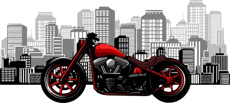 bobber style motorcycle with the city in the background