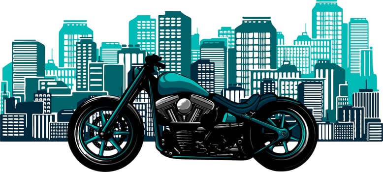 bobber style motorcycle with the city in the background