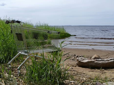 steel trolley from supermarket by the sea concept of human nature pollution