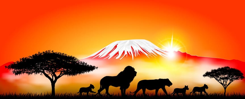 Lions family. Lion, lioness and lion cubs against the backdrop of Mount Kilimanjaro. Silhouettes of African lions.