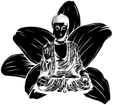 Vector Buddhism icon meditating Buddha. Golden Buddha sitting on a lotus background. Illustration in flat style.