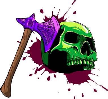 illustration of skull head murdered by ax