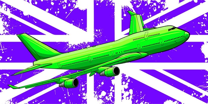 Illustration of a passenger plane flying over the flag of great Britain.