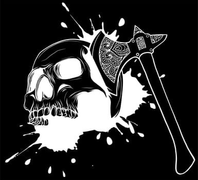 illustration of skull head murdered by ax
