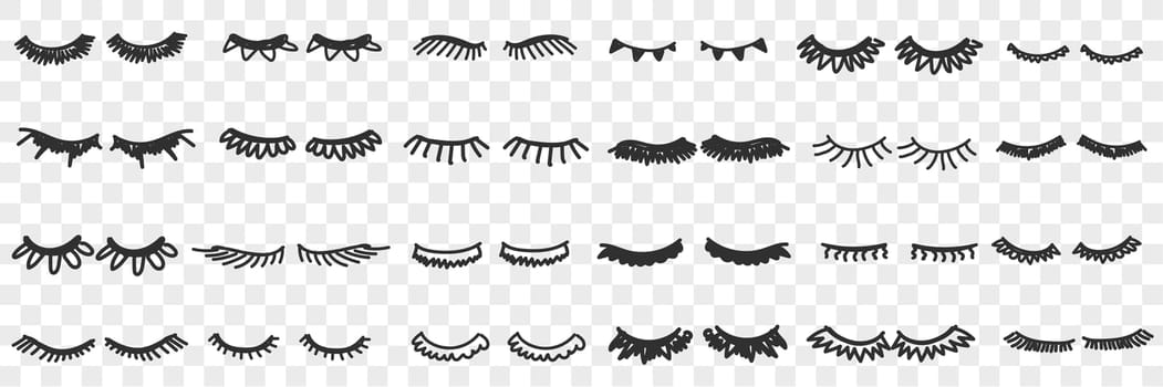 Eyelashes shapes assortment doodle set. Collection of hand drawn various shapes of black coloured eyelashes with mascara touch beauty style isolated on transparent background