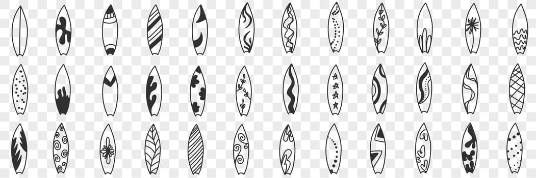 Surfboard and puddle board doodle set. Collection of hand drawn boards with various patterns for surfing and paddle boarding on water in summer sport equipment isolated on transparent background