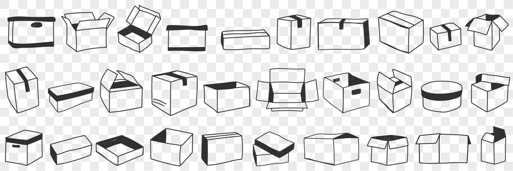 Open and closed boxes doodle set. Collection of hand drawn various shapes of open and closed parcel boxes for delivery and transporting orders isolated on transparent background