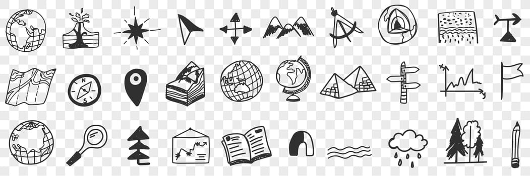 Navigation tools and equipment doodle set. Collection of hand drawn maps globes arrows compass orienteering on nature traveling tools magnet geotags navigator isolated on transparent background