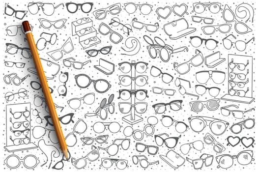 Hand drawn spectacles shop vector doodle set background