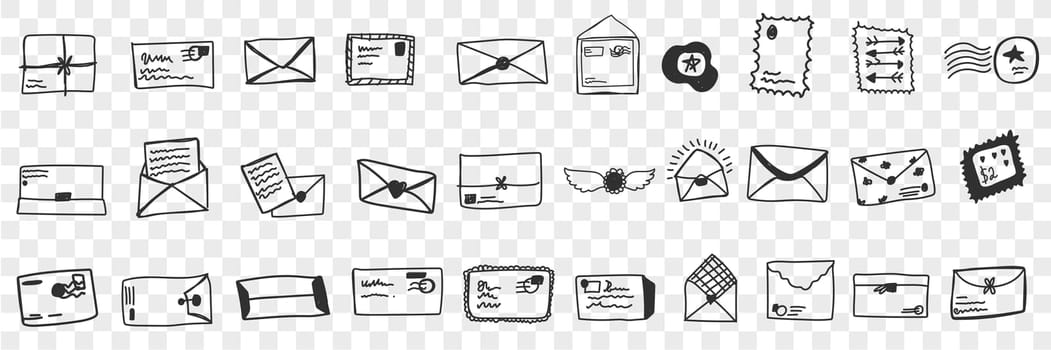 Envelopes with letters doodle set. Collection of hand drawn envelopes with stamps for delivering letters mail and post packages isolated on transparent background