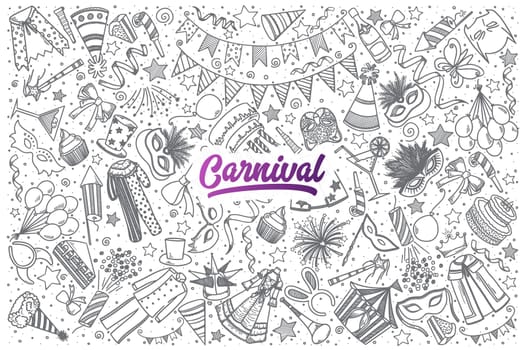 Hand drawn Carnival doodle set background with purple lettering in vector
