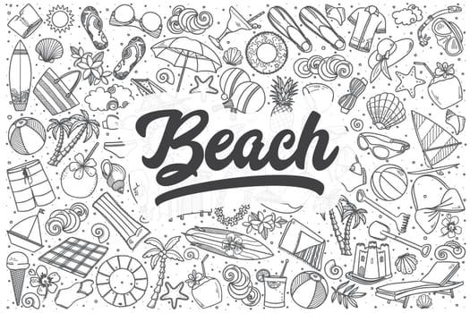 Hand drawn beach doodle set. Lettering - Beach
