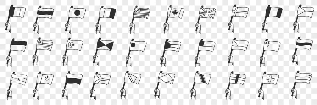National Flags of countries doodle set. Collection of hand drawn flags of nationalities blowing on wind with hangers symbolising independence freedom of country isolated on transparent background