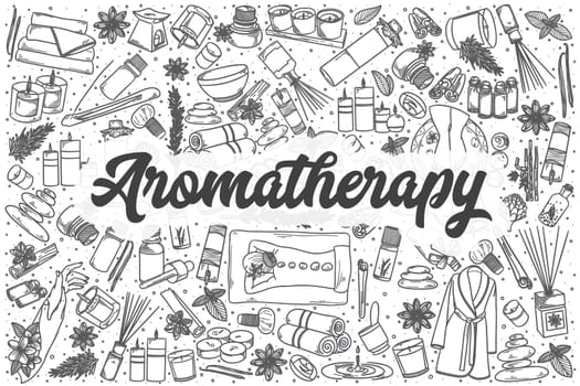 Hand drawn aromatherapy doodle set. Lettering - Aromatherapy
