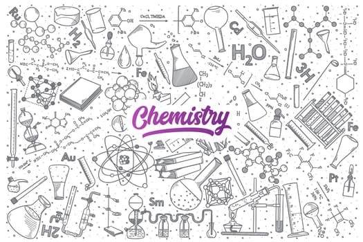 Hand drawn Chemistry doodle set background with purple lettering in vector