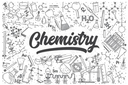 Hand drawn chemistry doodle set. Lettering - Chemistry