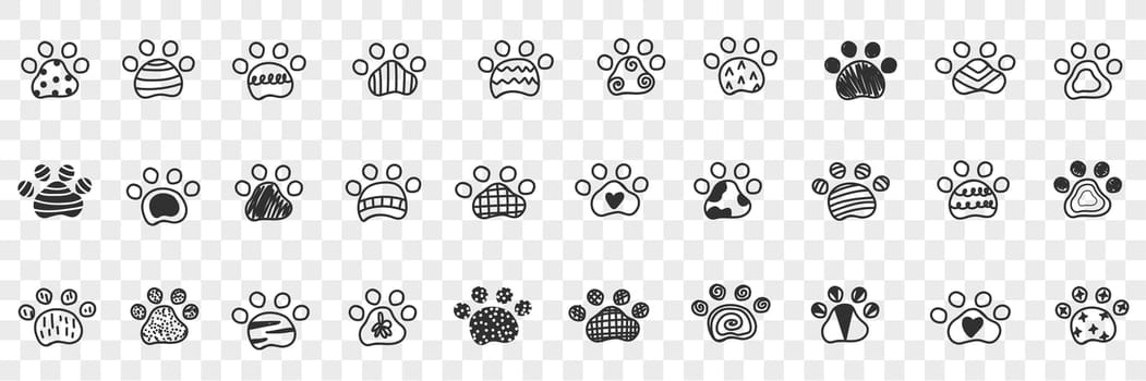 Animals paws footprints doodle set. Collection of hand drawn footprints imprints of animals dogs with various patterns in rows isolated on transparent background