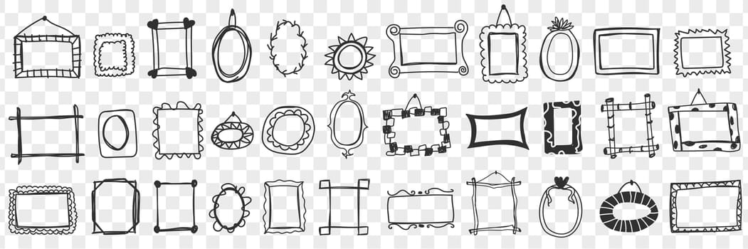 Mirrors and frames doodle set. Collection of hand drawn elegant stylish decoration frames for hanging mirrors pictures and decorating home interior isolated on transparent background