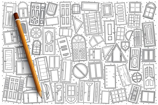 Hand drawn Windows and vector doors doodle set background