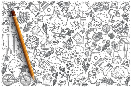 Hand drawn Spring vector doodle set background