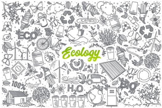Hand drawn Leaves doodle set background with green lettering in vector
