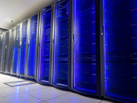 Server room data center. Backup, mining, hosting, mainframe, farm and computer rack with storage information