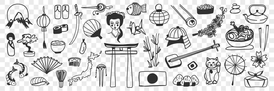 Japanese traditional symbols doodle set. Collection of hand drawn Japanese oriental asian sakura geisha fan foods sabo shoes tea in pot origami netsuke sushi isolated on transparent background