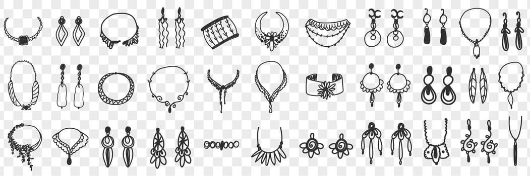 Jewellery and accessories doodle set. Collection of hand drawn elegant feminine accessories earrings necklace bracelets for wearing with stylish clothes isolated on transparent background