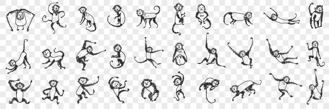 Monkeys enjoying life doodle set. Collection of hand drawn monkey animals primate playing hanging on branches and trees eating sleeping feeling happy for children isolated on transparent background