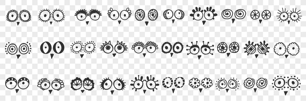 Birds eyes and beak doodle set. Collection of hand drawn cute funny round eyes and beaks of various birds in sketch manner isolated on transparent background