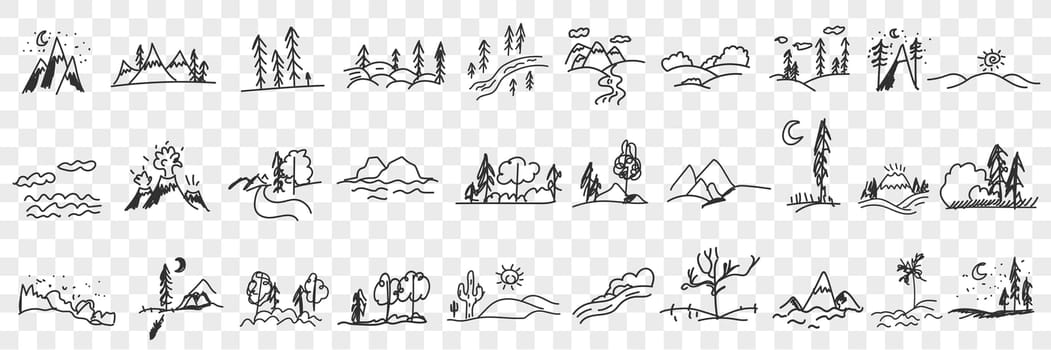 Nature landscapes and scenics doodle set. Collection of hand drawn landscapes of trees forests mountains valleys beach and seascape in silhouettes isolated on transparent background