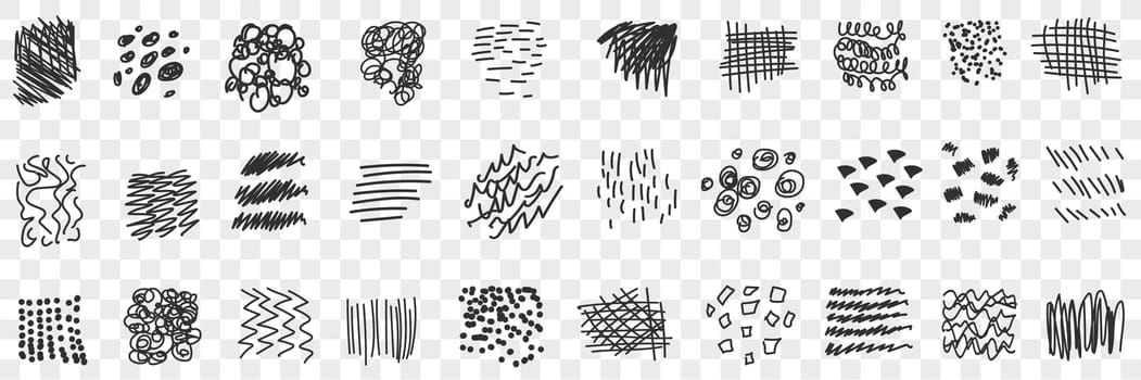Scribbles lines drawings doodle set. Collection of hand drawn scribbles of various patterns straight and waving lines geometrical shapes isolated on transparent background