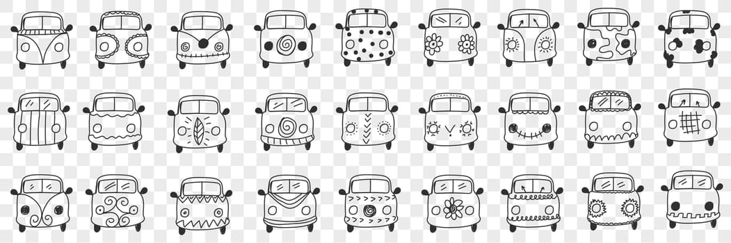 Cars hood and windshield doodle set. Collection of hand drawn cars vehicles hoods and windshields with various patterns and windows isolated on transparent background