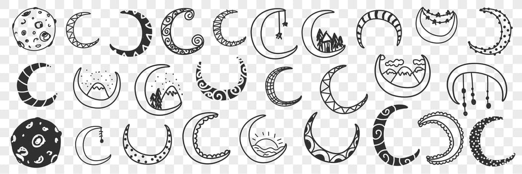 Natural moons pattern doodle set. Collection of hand drawn moons half and full of various patterns and styles decoration isolated on transparent background