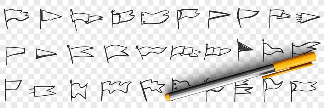 Flags of various shapes doodle set. Collection of hand drawn flags of different sizes blowing on wind with hangers isolated on transparent background