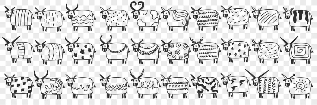 Cute cows in rows doodle set. Collection of hand drawn funny cute cows animals mammals on farm with various patterns on bodies and shapes of horns isolated on transparent background