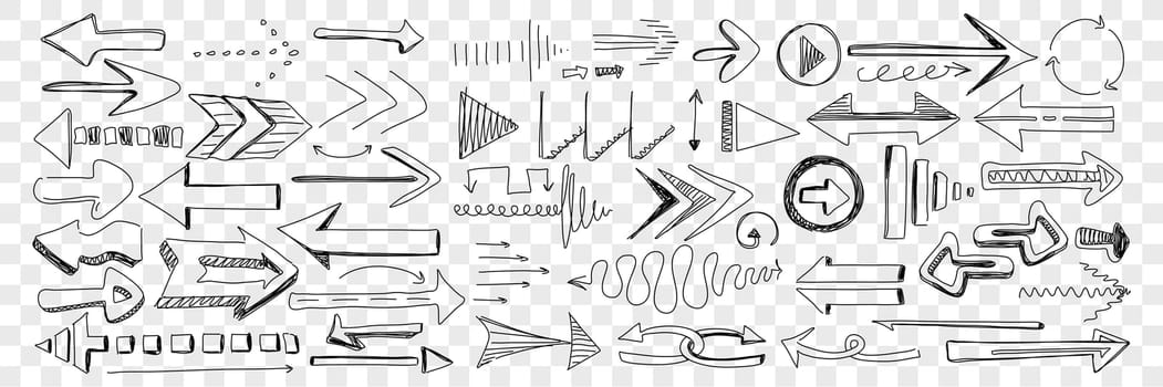 Arrows of different shapes and directions doodle set. Collection of hand drawn arrows left right navigating and attracting attention for orientation help isolated on transparent background