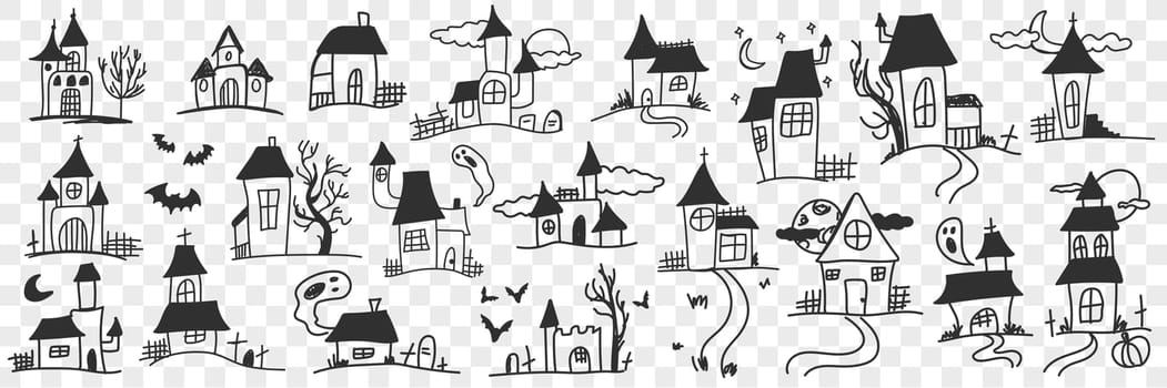 Buildings and houses with ghosts doodle set. Collection of hand drawn various facades of building houses with mystery ghosts during night isolated on transparent background
