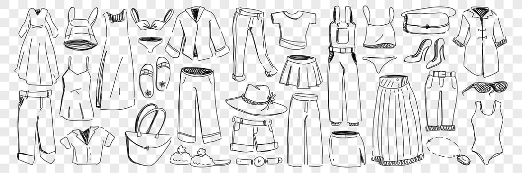 Female and male clothes and accessories doodle set. Collection of hand drawn garment dress pants jacket bags shorts headdress shoes swimwear jumpsuit skirts shirts for wearing isolated on transparent