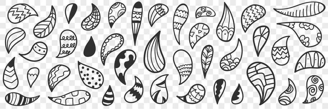 Natural leaves or drops doodle set. Collection of hand drawn leaves or natural drops of various patterns decoration wallpaper isolated on transparent background