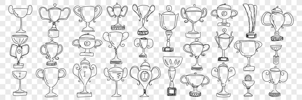 Winners cups and trophies doodle set. Collection of hand drawn golden champion cups trophy for first prize and win in championship or sport competition isolated on transparent background